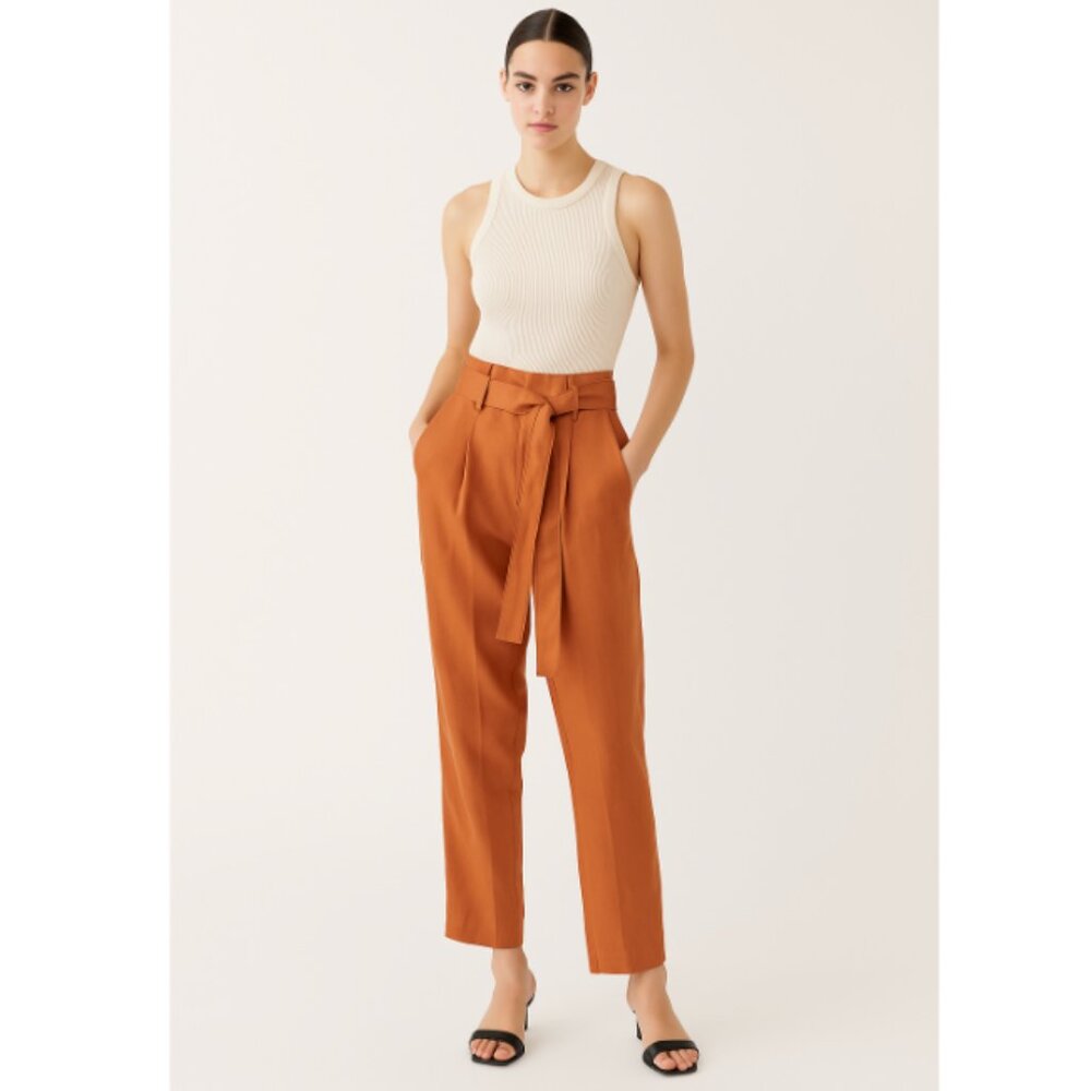 ARITZIA WILFRED Burnt Orange Satin Paperbag Pants Belted Wide Leg Size 6 Chic